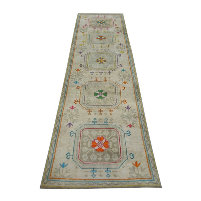 1960s 1960s Multicolor Geometric Design Handwoven Wool Vintage Turkish Oushak Runner 3' X 10'7" For Sale - Image 5 of 6