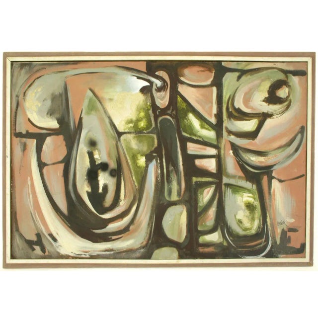 Harold A. Laynor abstract oil on canvas with impasto relief in original painted wood two part frame. Work is titled...