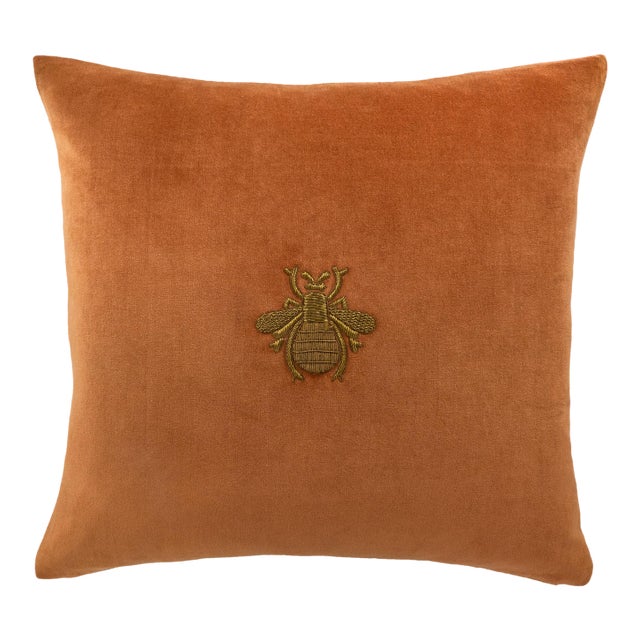 Orange Bee Velvet Embroidered Throw Pillow Cover, 20 X 20 For Sale