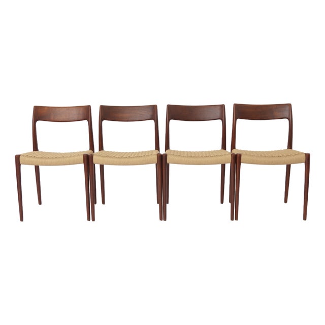 Mid-Century Model 77 Chairs in Teak and Danish Cord by Niels Otto (N. O.) Møller for J.L. Møllers, Denmark, 1950s, Set of 4 For Sale