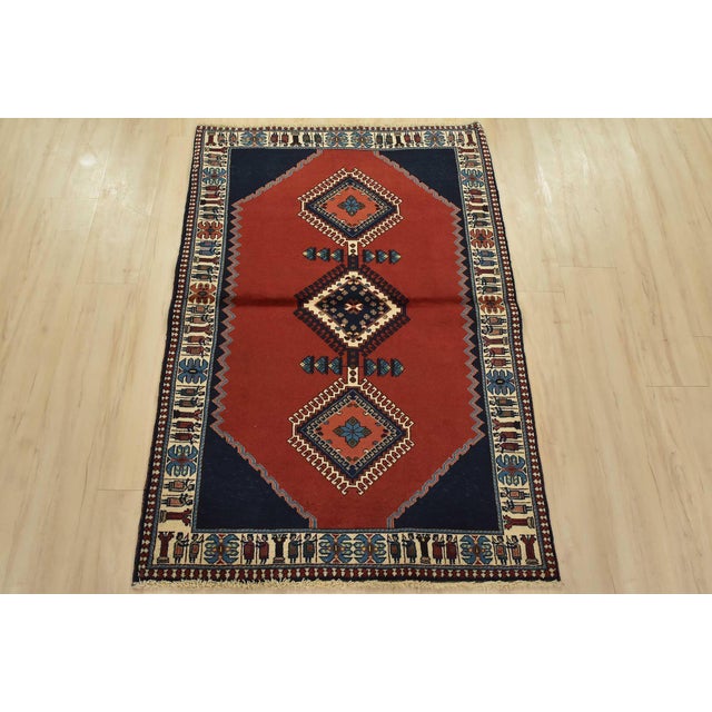 Tribal Yalameh Rug 3’4” X 4’10” Red Wool Vintage Tribal Hand-Knotted Carpet For Sale - Image 3 of 12