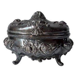 Antique Ornate Silver Plated Trinket Jewelry Box For Sale