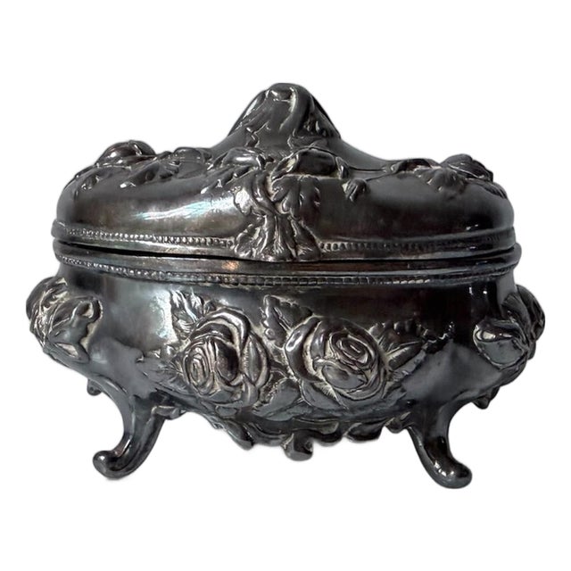 Antique Ornate Silver Plated Trinket Jewelry Box For Sale