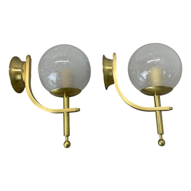 Minimalist Brass and Glass Ball Wall Light Sconces, Italy 1970s, Set of 2 For Sale
