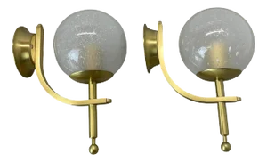 Minimalist Brass and Glass Ball Wall Light Sconces, Italy 1970s, Set of 2