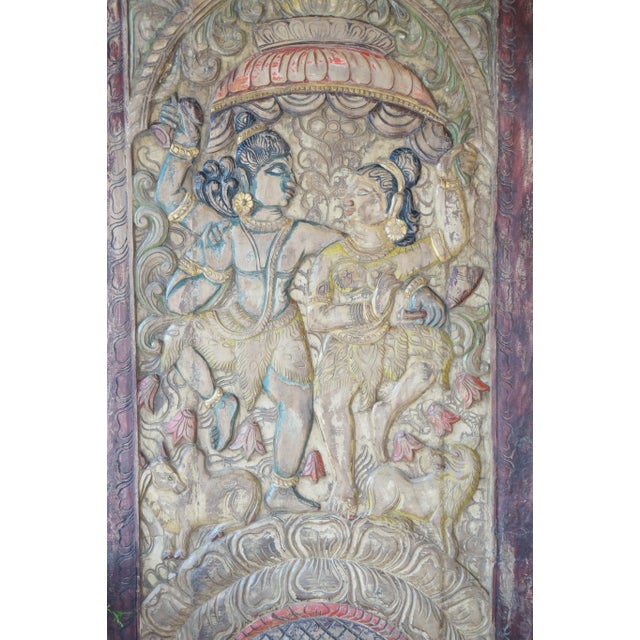 Mid-Century Modern Hand-Carved Shiva Parvati Barn Door – Vintage Indian Wall Sculpture & Holistic Wall Art 84x41 For Sale - Image 3 of 6