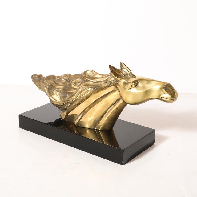 Metal Mid-Century Horse Bust Sculpture W/ Flowing Mane in Polished Brass on Black Base For Sale - Image 7 of 11