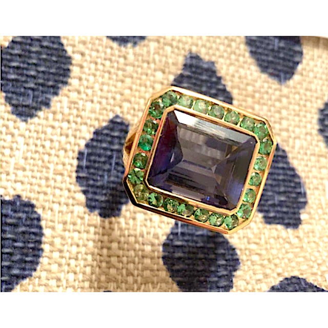 Blue Christina Addison Yellow Gold Bezel Set Ring With Iolite and Surrounding Green Garnet For Sale - Image 8 of 12