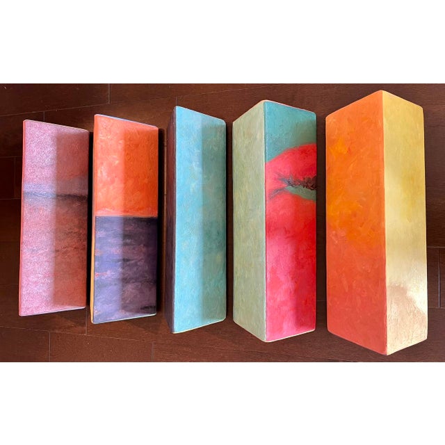 Abstract Ruth Bercaw Five-Piece Art Installation "Recumbent Ladder 2" Made in 2003, Oil-Painted Pentahedron Canvases For Sale - Image 3 of 12