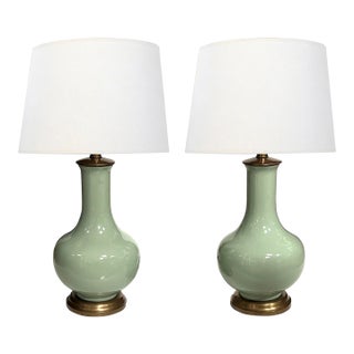 Large Pair Chinese Celadon Glazed Bottle-Form Porcelain Lamps For Sale