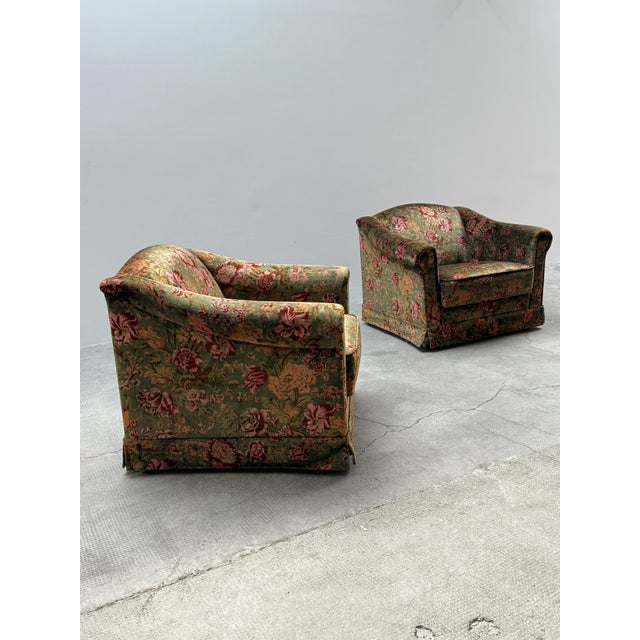 Stunningly beautiful and romantic set of 2 armchairs in finest silky velvet fabric with a beautiful floral pattern, Italy,...