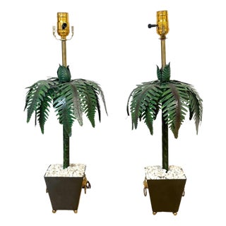 Pair of Hollywood Regency Polychromed Tole Palm Tree Topiary Lamps, Circa 1970s For Sale