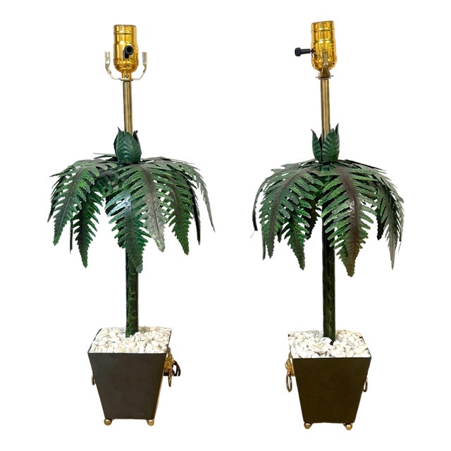 Pair of Hollywood Regency Polychromed Tole Palm Tree Topiary Lamps, Circa 1970s For Sale