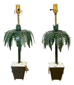 Pair of Hollywood Regency Polychromed Tole Palm Tree Topiary Lamps, Circa 1970s