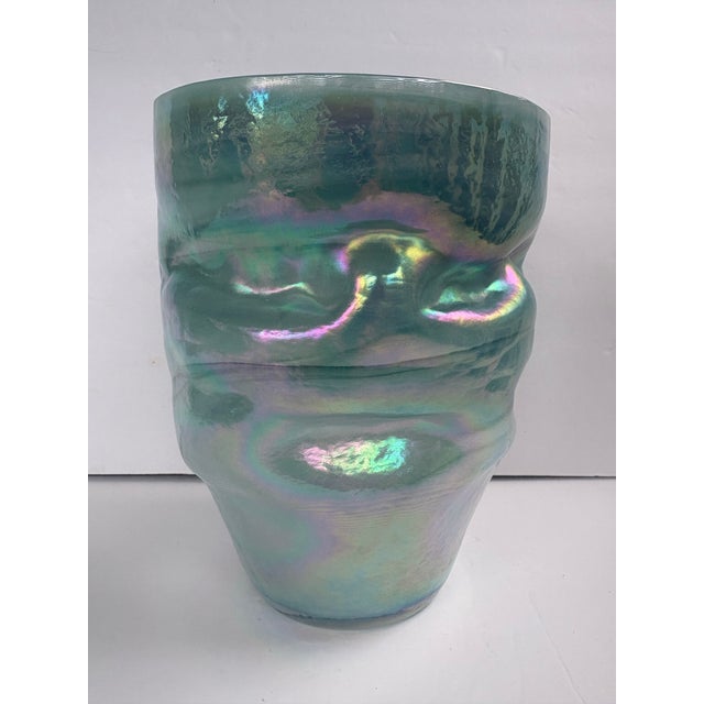 Mid 20th Century Mid 20th Century Iridescent Aqua Art Glass Vase With Asymmetrical Sculptural Form For Sale - Image 5 of 8