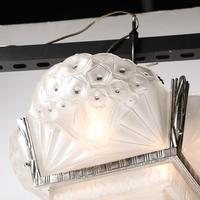 Metal Art Deco Cubist Frosted Glass & Silvered Bronze Chandelier Signed Muller Freres For Sale - Image 7 of 18