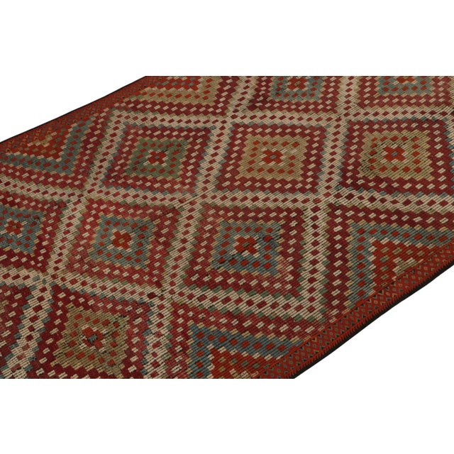 1950s Vintage Chaput Style Kilim in Red Diamonds With Blue and Green Accents For Sale - Image 5 of 7