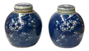 Pair Blue White Mini Oriental Graphic Porcelain Ginger Jars