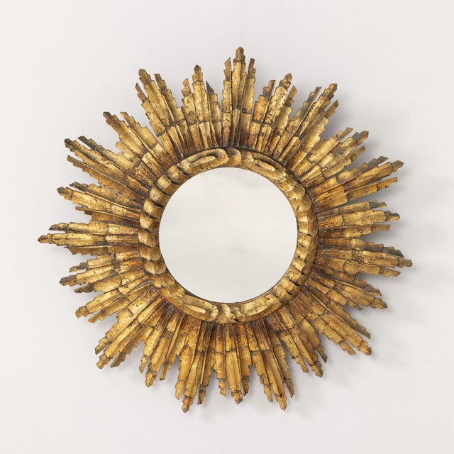 Midcentury French Sunburst Mirror in Original Giltwood