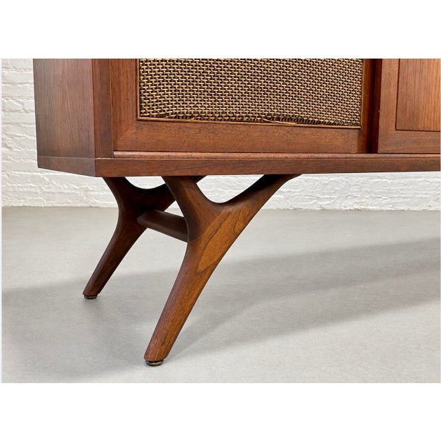 Long + Low Mid Century Modern Walnut and Cane Credenza | Sculptural Kagan Style Wishbone Leg Sideboard, C. 1960's For Sale - Image 4 of 15