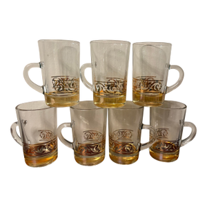 Vintage Italian Gold Scroll Glass Mugs | Mid-Century Modern Barware | Set of Seven | Made in Italy
