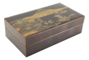 Circa 1920s-1940s Signed Gilt Black Lacquer Japanese Box, Mount Fuji
