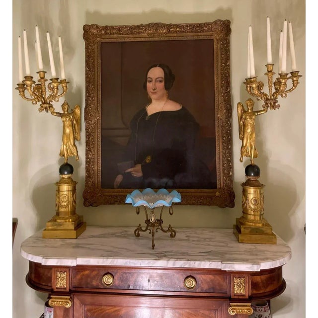 Exceptional Pair of French Empire Gilt and Patinated Bronze "Winged Victory" Figural Six-Light Candelabra, Early 19th C.,...