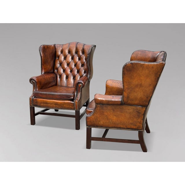 19th Century Antique Wing Back Chairs in Brown Leather, 1890, Set of 2 For Sale - Image 5 of 11