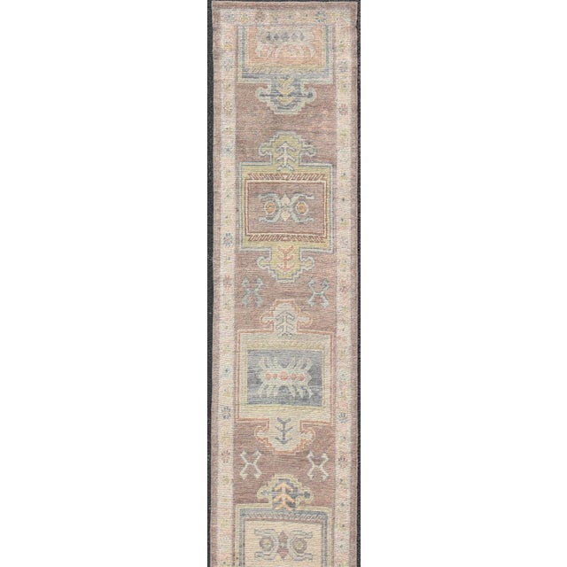 Long Turkish Oushak Runner in Pale Taupe With Blue and Soft Green Motifs For Sale - Image 4 of 12