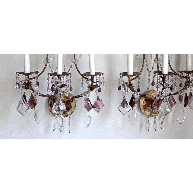 1940s 1940s Italian Gilt Metal Crystal Beaded Amethyst Wall Sconces - a Pair For Sale - Image 5 of 13