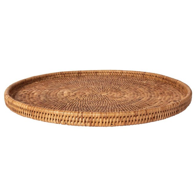 Brown Artifacts Rattan Round Flat Tray in Honey Brown - 14" For Sale - Image 8 of 8