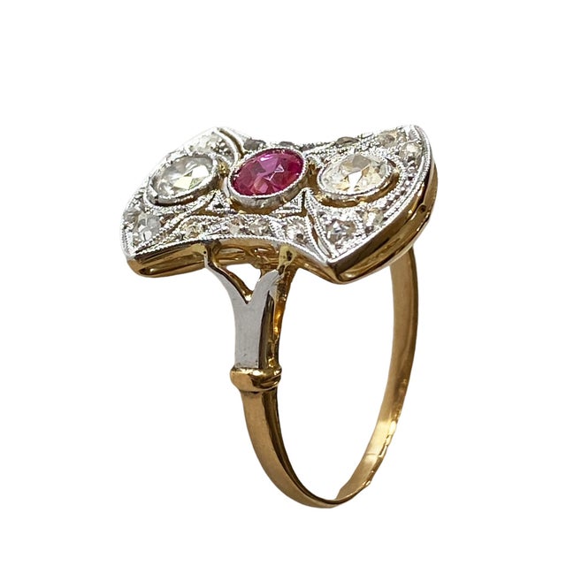 Gold 18k Gold Art Deco Antique Pink Sapphire & Diamond Shield Ring Size 7 1/2 For Sale - Image 8 of 9
