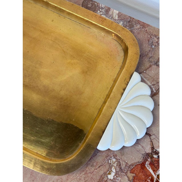 Mid 20th Century Large Vintage Brass Tray With Ceramic Shell Shaped Handles For Sale - Image 5 of 8