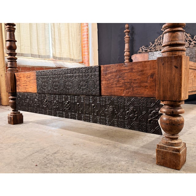 British Colonial Style Hardwood and Forged Iron Four Poster Queen Bed Frame For Sale - Image 10 of 14
