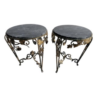 1920s Two French Art Deco Wrought Iron Tables With Marble Top For Sale