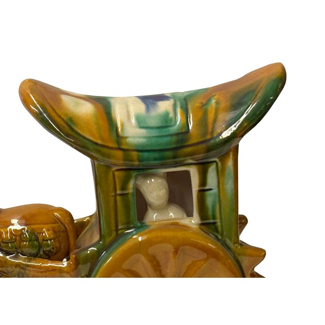 Ceramic Oriental Tri-Color Green White Yellow Ceramic Horse Cart Art Figure For Sale - Image 7 of 10