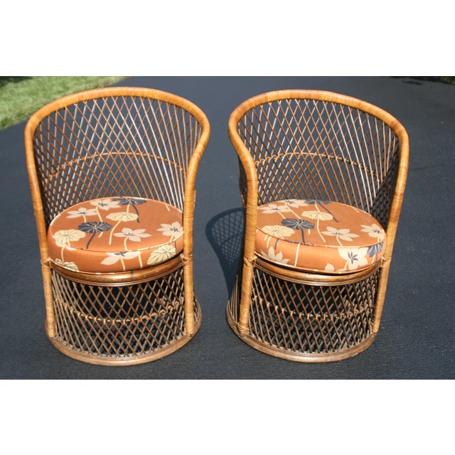 Vintage Mid Century Wicker Barrel Chairs A Pair Chairish Both the chair and the table are in the same old red paint.