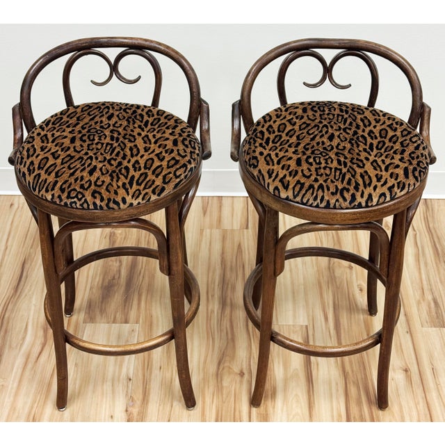 Mid 20th Century Vintage Velvet Leopard Print Bentwood Bar Stools, a Pair For Sale - Image 5 of 9