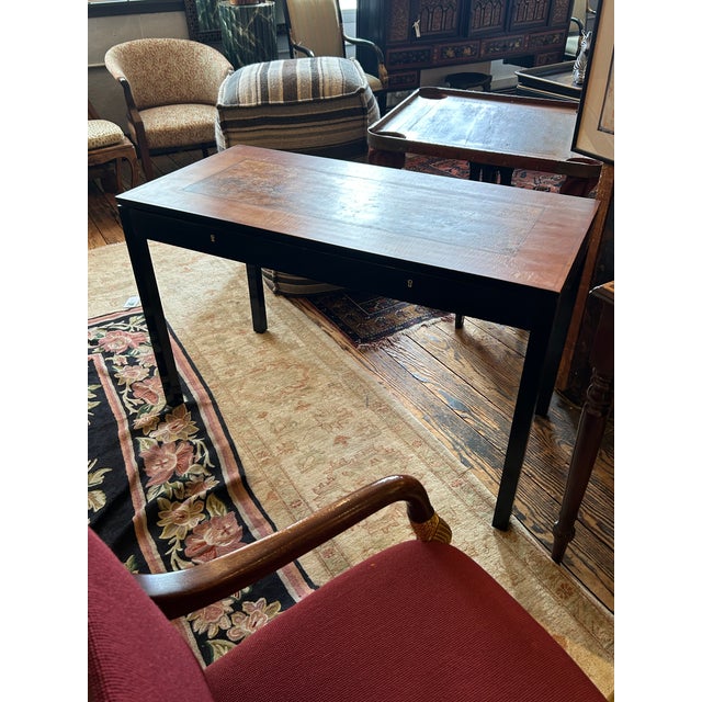 Handsome Vintage Burl and Inlaid Desk With Ebonized Base For Sale - Image 9 of 11