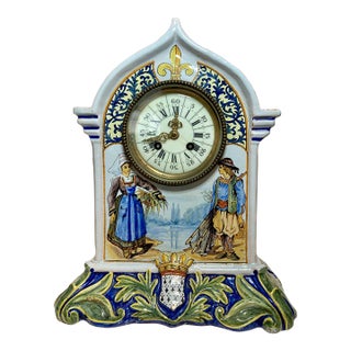 Antique Quimper Porquier Beau French Faience Mantel Clock Bretons & Odet River For Sale