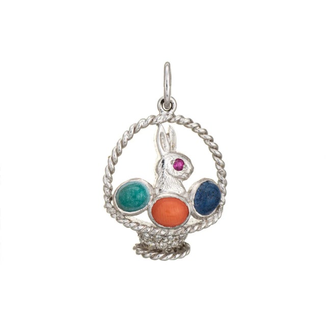 Art Deco Vintage Art Deco Charm Easter Bunny in Egg Basket Pendant Platinum Fine Jewellery For Sale - Image 3 of 4