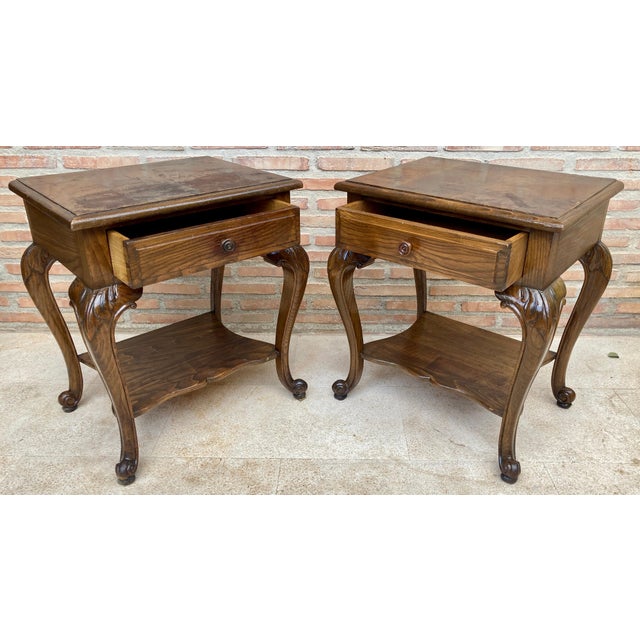 French Louis XV Style Walnut Bedside Tables with Drawer and Open Shelf, 1930s, A Pair For Sale - Image 4 of 18