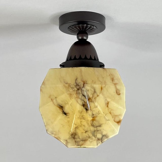 Art Deco Marbled Opaline Glass and Burnished Brass Flush Mount, Germany, 1920s For Sale - Image 17 of 18