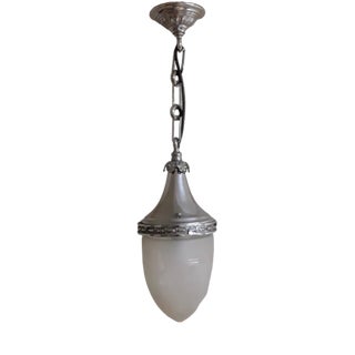 Art Nouveau Ceiling Lamp in the Shape of Drop with Nickeled Mounting, Chain and Skai for Sanded Glass Shade, 1890s For Sale