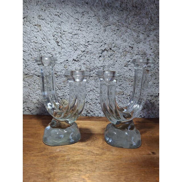 Art Deco Double Candlestick in Molded Pressed Glass, 1930, Set of 2 For Sale - Image 3 of 7