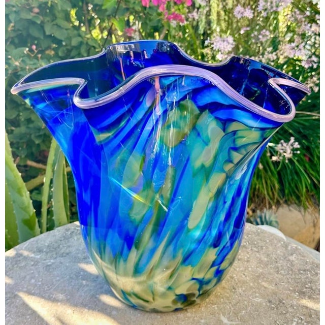 Contemporary Large Blue Swirl Ruffled Handkerchief Art Glass Vase | Studio Glass Fazzoletto 15"h Artist Signed For Sale - Image 3 of 18