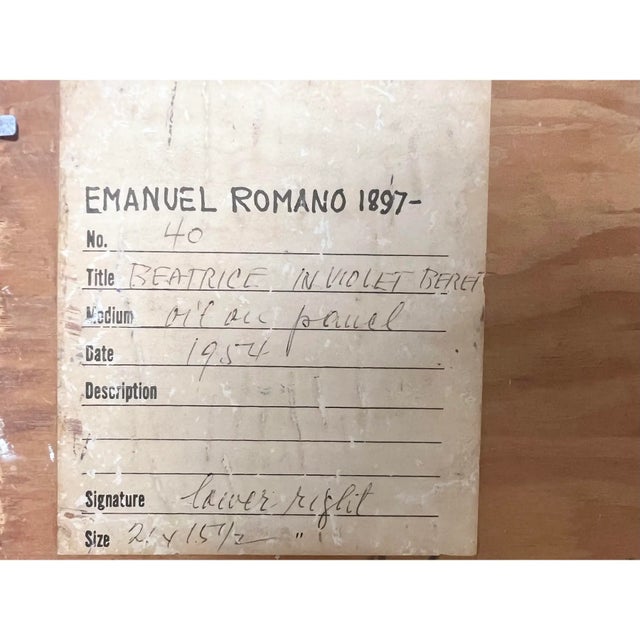 Portraiture 1954 E. Romano "Beatrice in Violet Beret" Oil Painting on Artist Board For Sale - Image 3 of 5