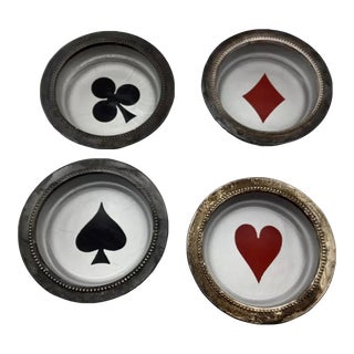 1950s Silverplate and Glass Playing Cards Four Suits Coasters- Set of 4 For Sale
