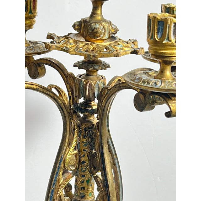 Gothic Pair of 19th Century French Gilt Bronze Champlevé Candelabras For Sale - Image 3 of 12