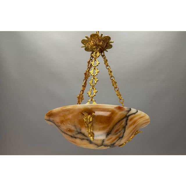 French Neoclassical Style Amber Alabaster and Bronze Pendant Light, 1920s For Sale - Image 13 of 18